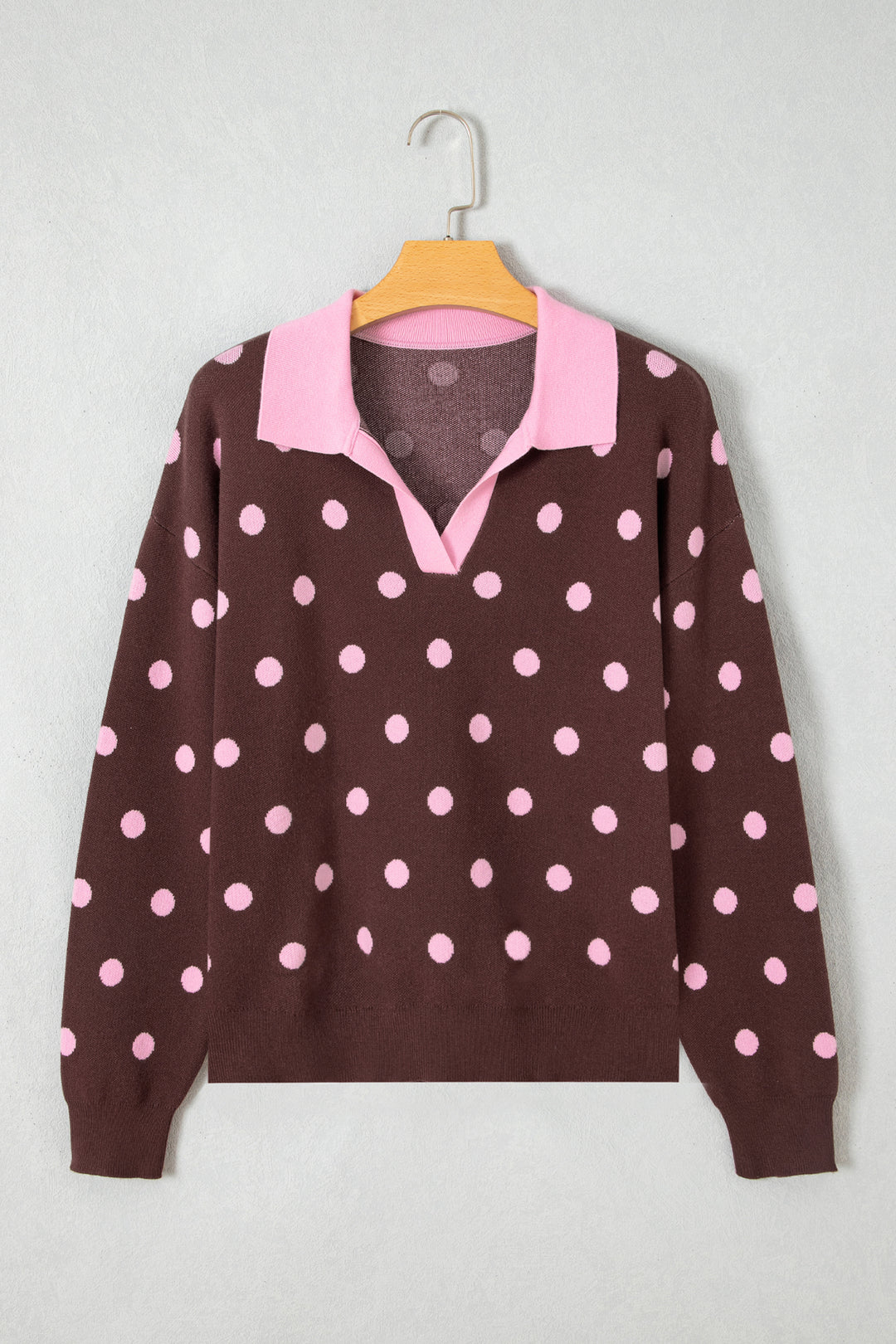 Pink Polka Dot Pattern Color Block Collared Loose Pullover Sweater