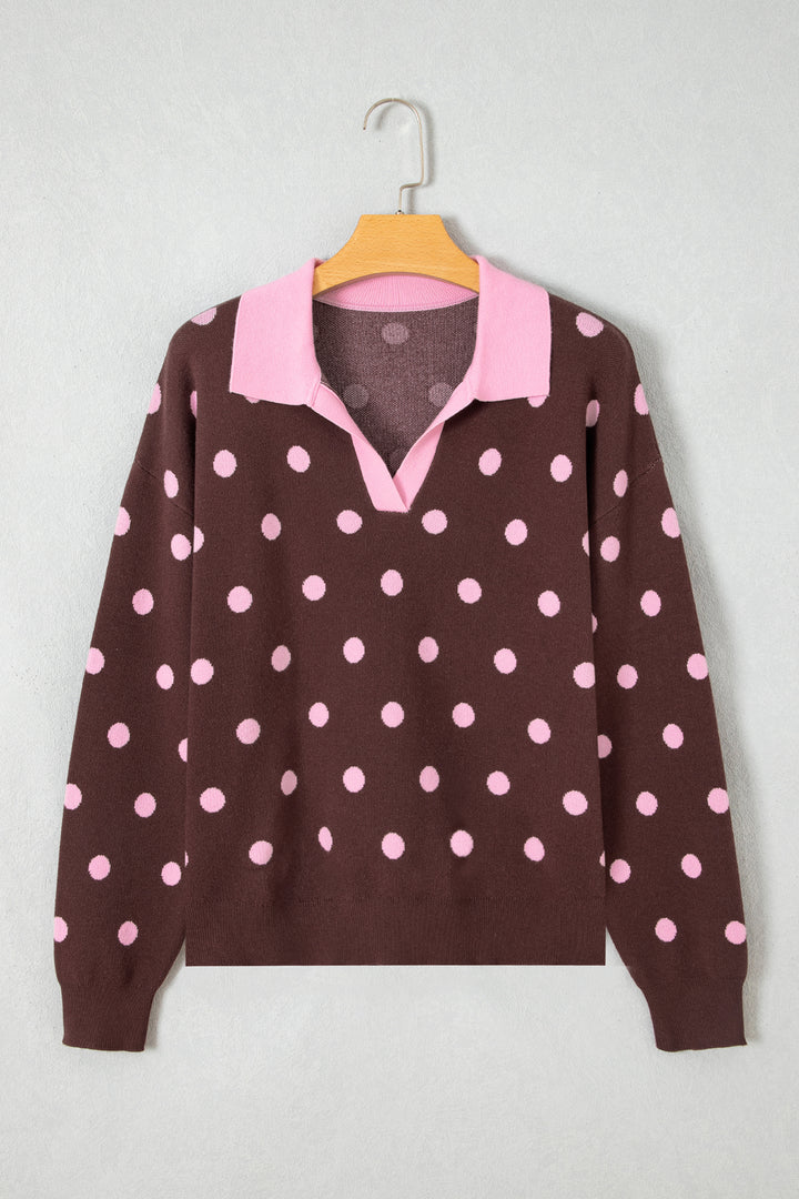 Pink Polka Dot Pattern Color Block Collared Loose Pullover Sweater