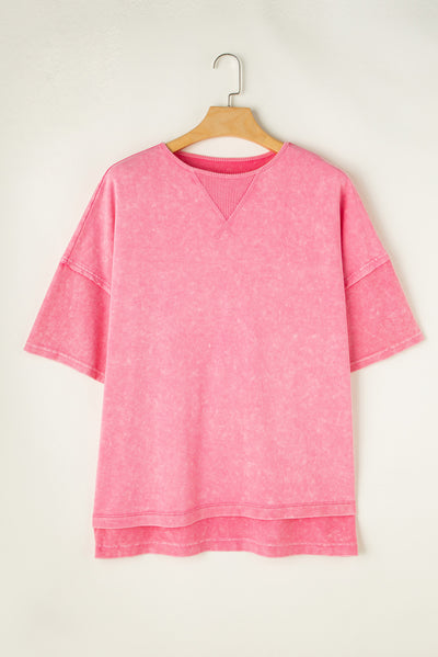 Strawberry Pink Mineral Wash Drop Sleeve Patchwork Plus Tee