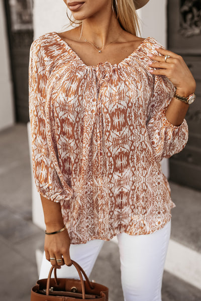 Brown Drawstring Neckline 3/4 Sleeve Printed Blouse