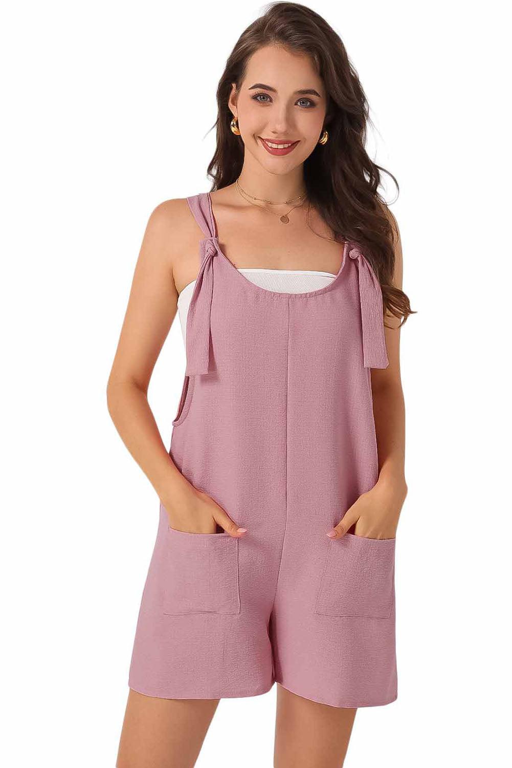 Pink Adjustable Straps Pocketed Textured Romper