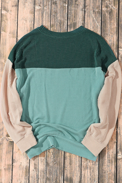 Green Color Block Long Sleeve Ribbed Loose Top