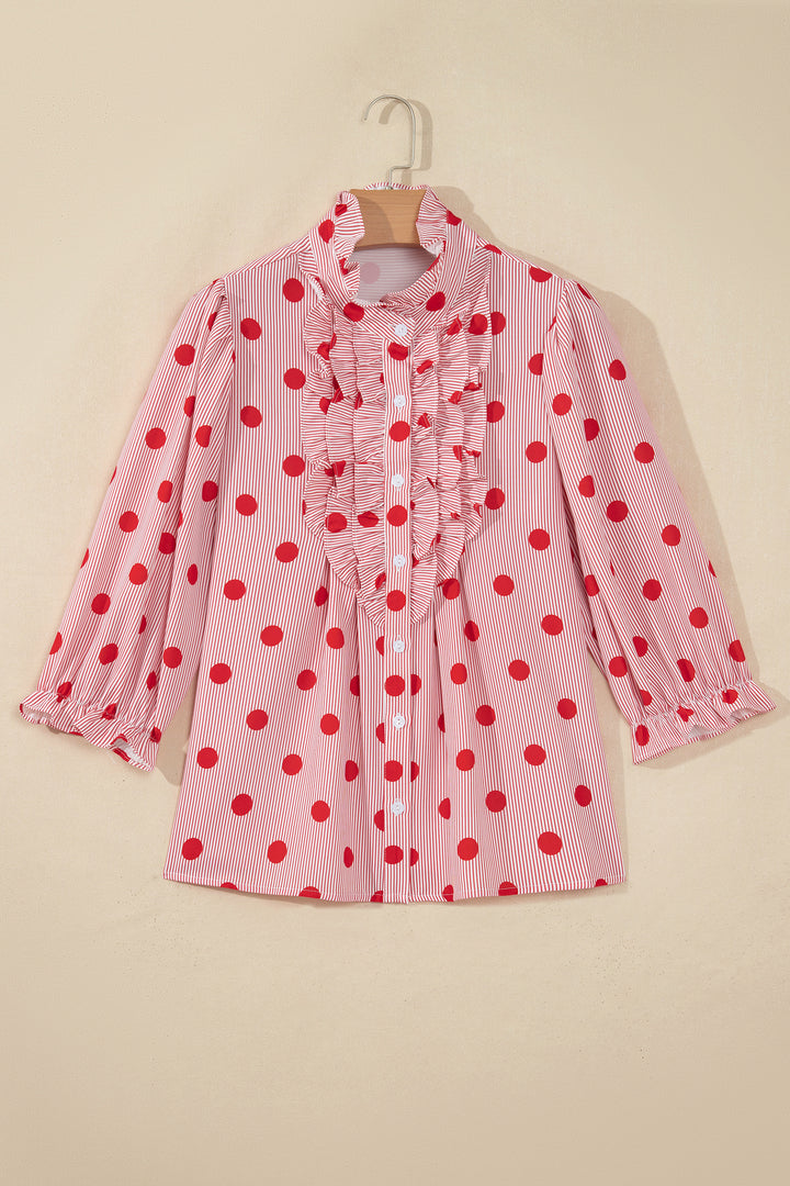 Black white Polka Dot Striped Print Ruffle Stand Neck 3/4 Sleeve Shift Shirt