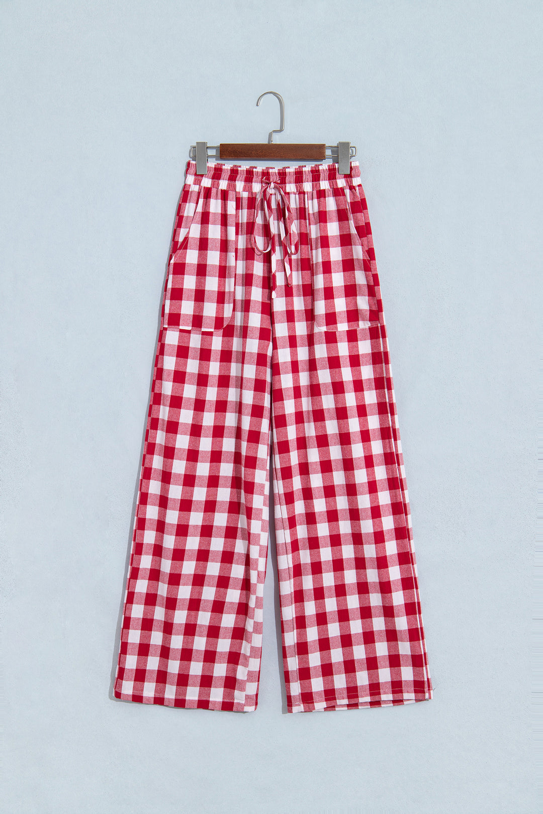 Red Gingham Plaid Tie Elastic Waist Shift Pants