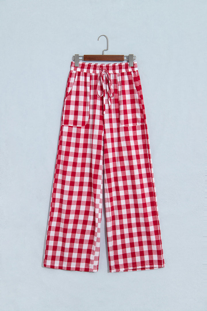 Red Gingham Plaid Tie Elastic Waist Shift Pants