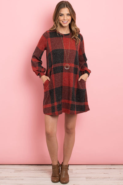 Round Neck Puff Sleeved Plaid Knee Length Dress