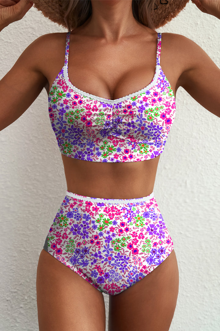 Purple Floral Print Lace Trim Spaghetti Strap Ruched Bikini High Waist Swimsuit