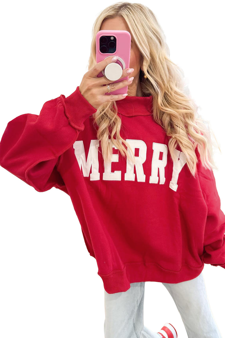 Gray MERRY Embroidered Letter High Neck Tunic Pullover Sweatshirt