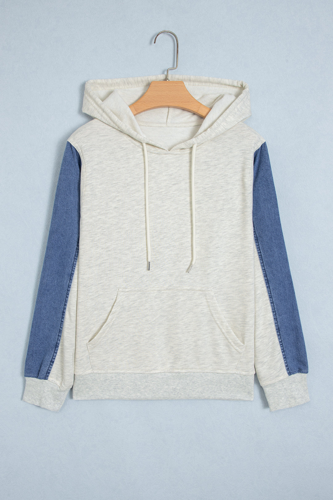 Light Grey Colorblock Denim Sleeve Tunic Pullover Hoodie