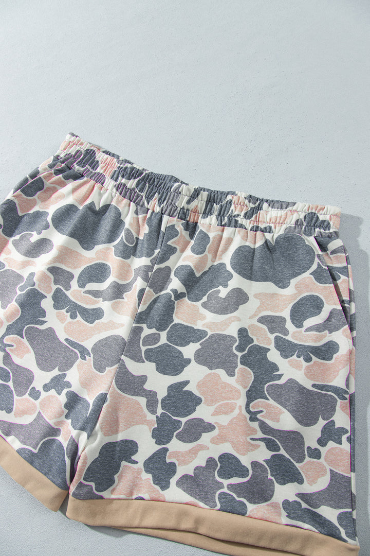 Multicolour Camouflage Print Round Neck Drop Shoulder Pullover Plus Size Shorts Set
