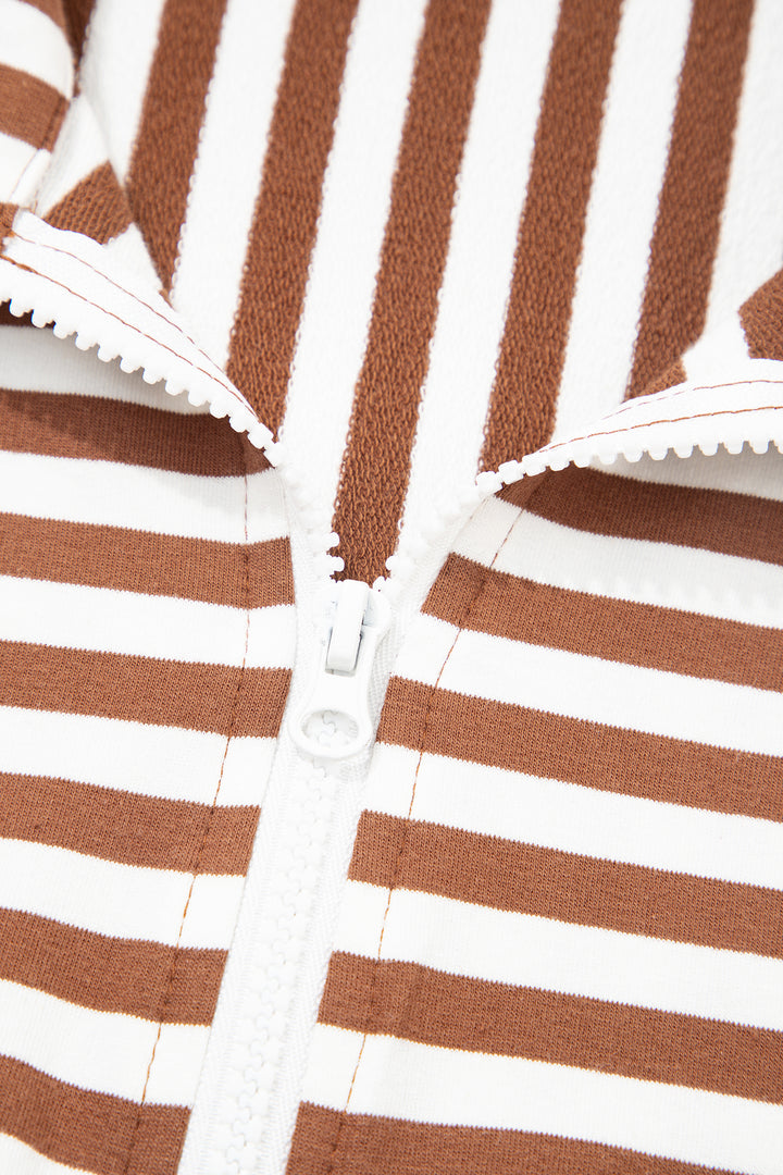 Brown Stripe Color Block Patchwork Quarter Zip Pullover Sporty Shorts Set