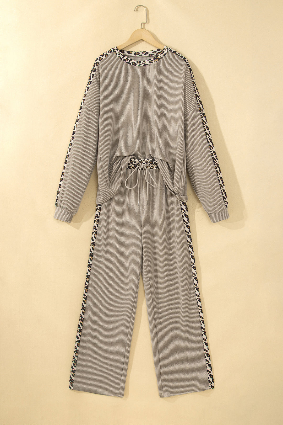 Simply Taupe Cozy Ribbed Patchwork Leopard Trim Long Sleeve 2pcs Pant Set