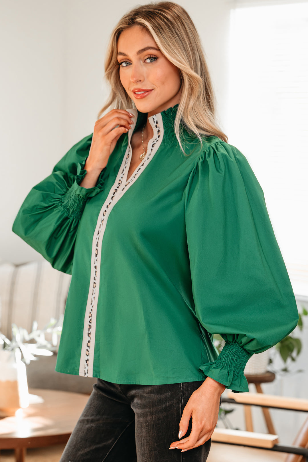 Black Puffy Flounce Sleeve Leopard Trim V Neck Blouse