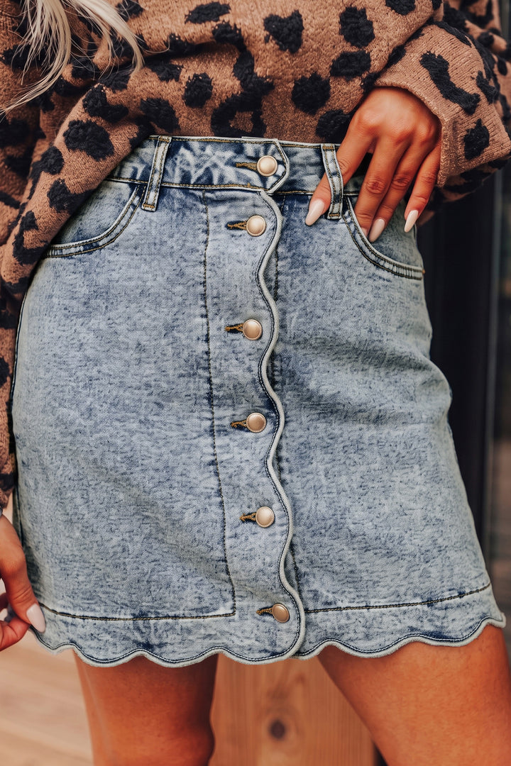 Myosotis Scalloped Detail Button Front Short Denim Skirt