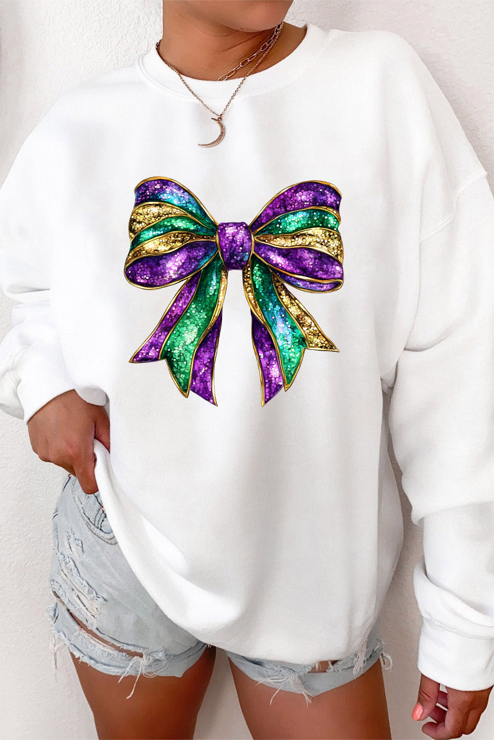 White Mardi Gras Bow Graphic Drop Shoulder Sweatshirt