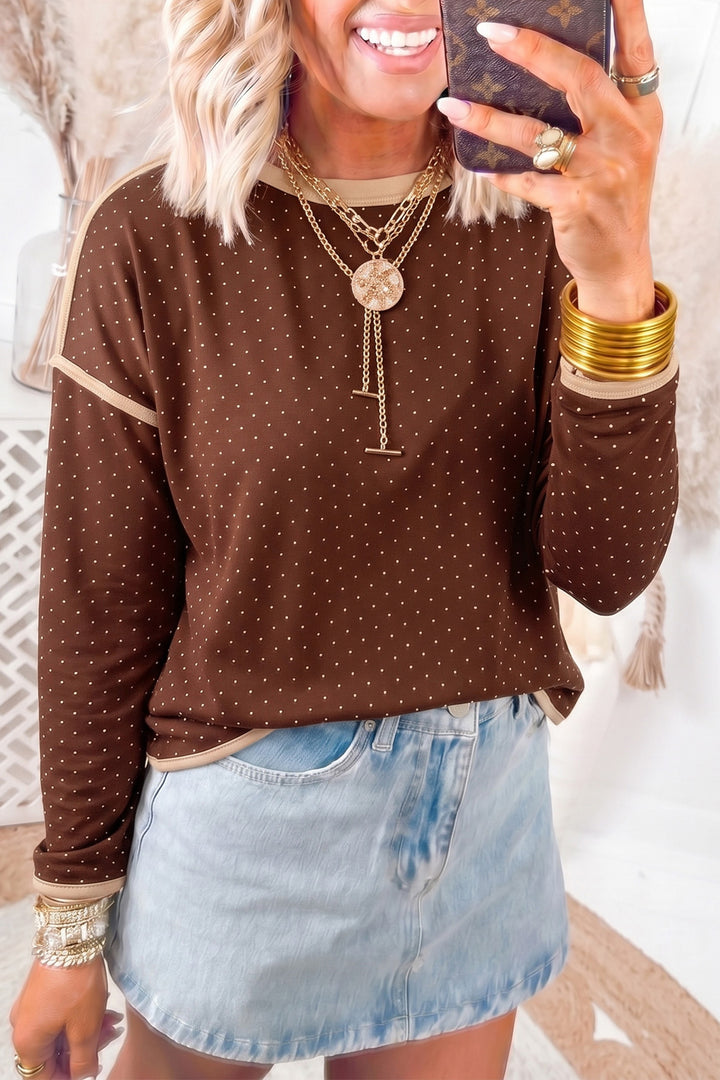 Brown Contrast Trim Long Sleeve Polka Dot Shift Pullover Top