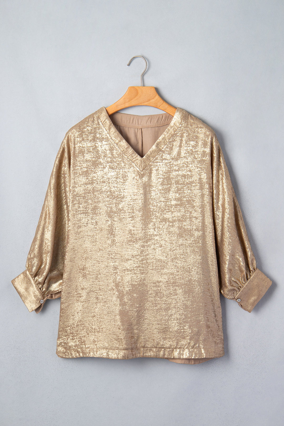 Parchment Metallic V Neck Button Cuffed Long Sleeve Dolman Blouse