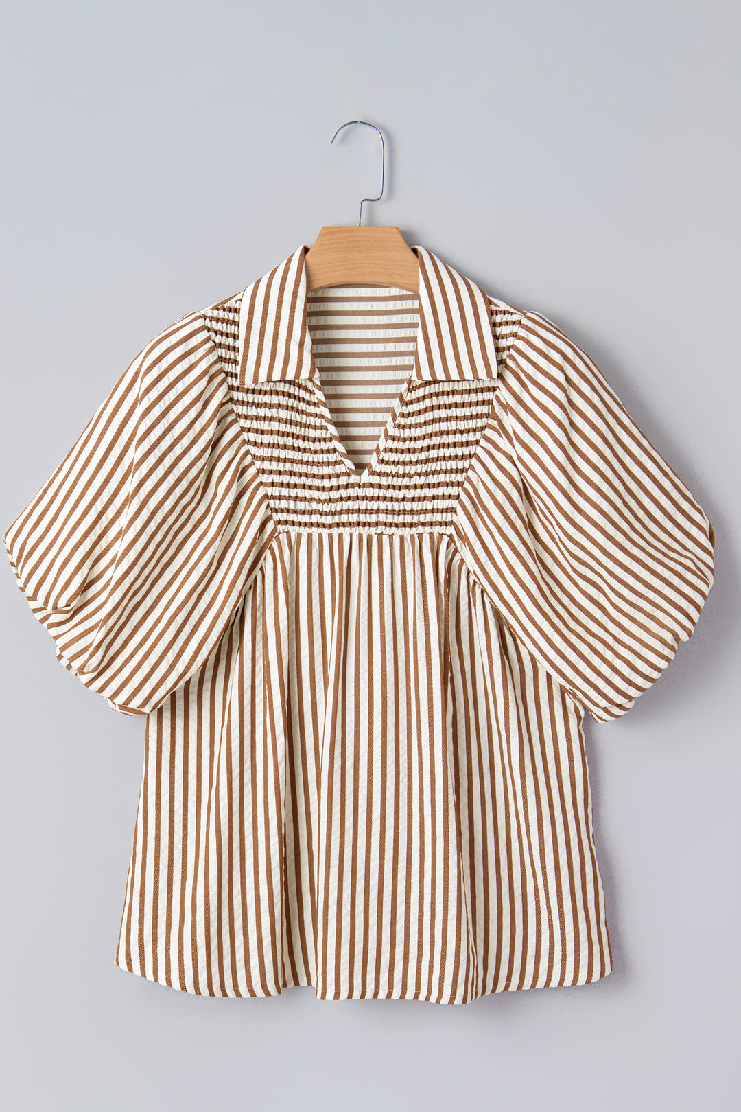 Brown Stripe Shirred V Neck Short Puff Sleeve Blouse