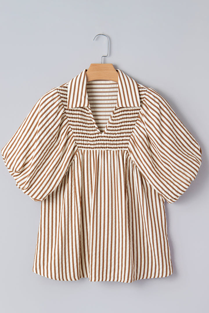 Brown Stripe Shirred V Neck Short Puff Sleeve Blouse
