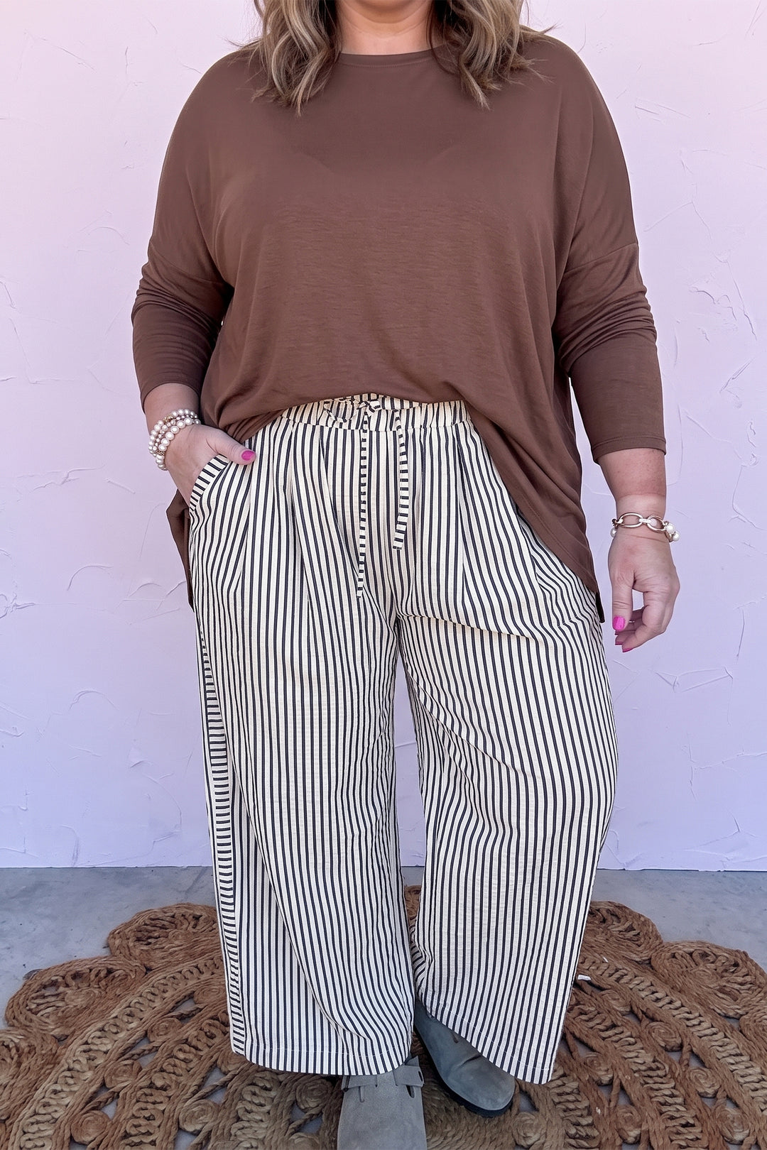 Black Stripe Plus Size Tie Waist Loose Pants