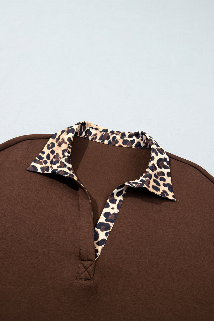 Coffee Leopard Patchwork Collar Long Sleeve Dress