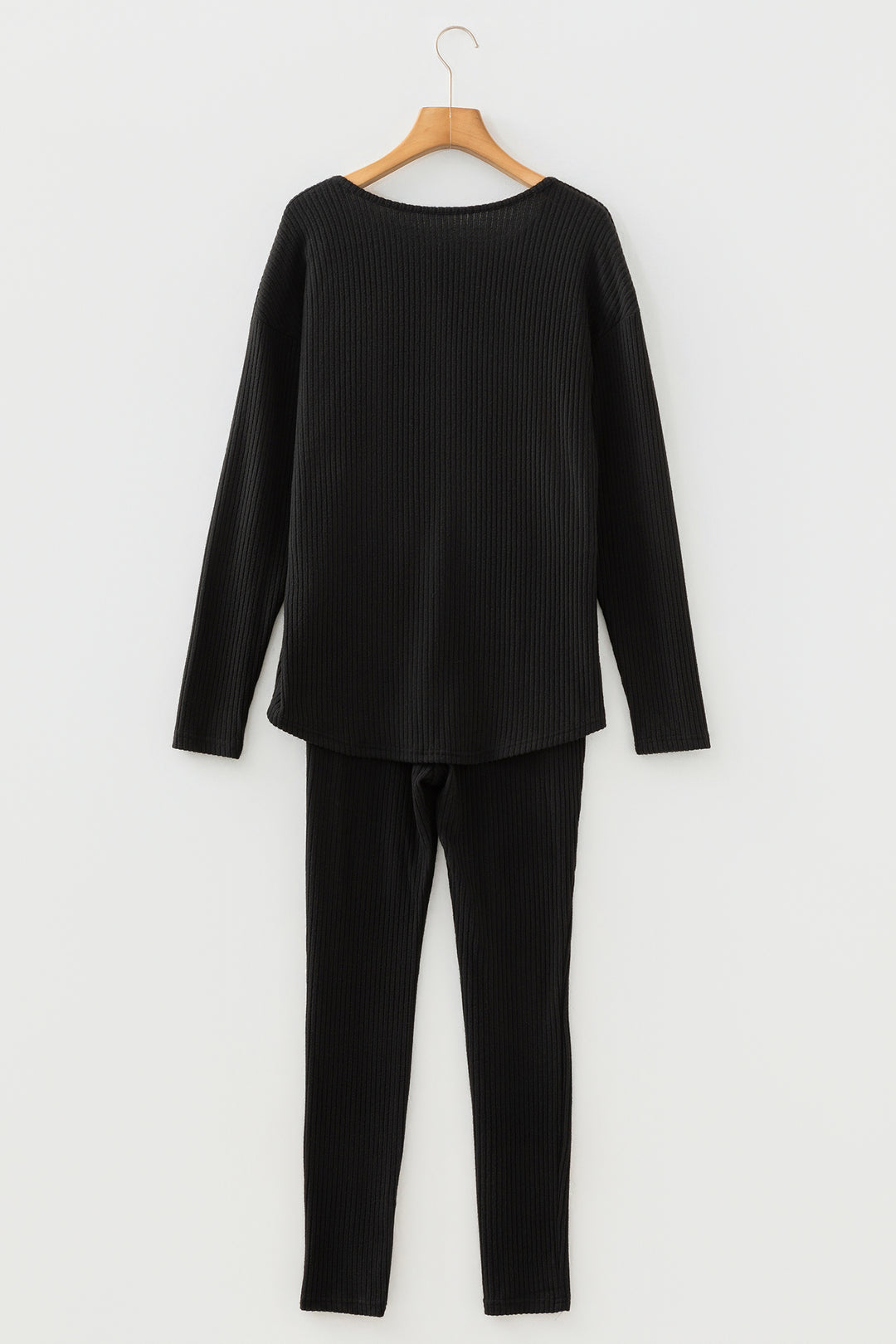 Black Ribbed Notched Neck Knit Long Sleeve Leggings Two Pieces Lounge Set