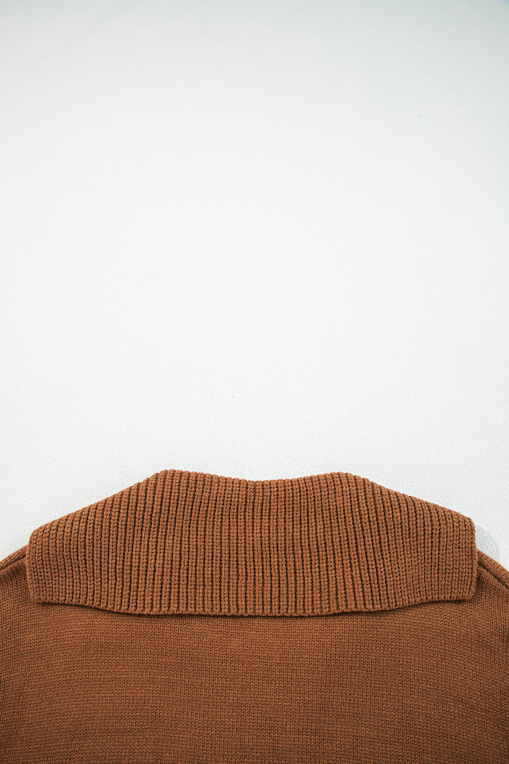Chestnut Collared V Neck Ribbed Edge Sexy Elegant Sweater