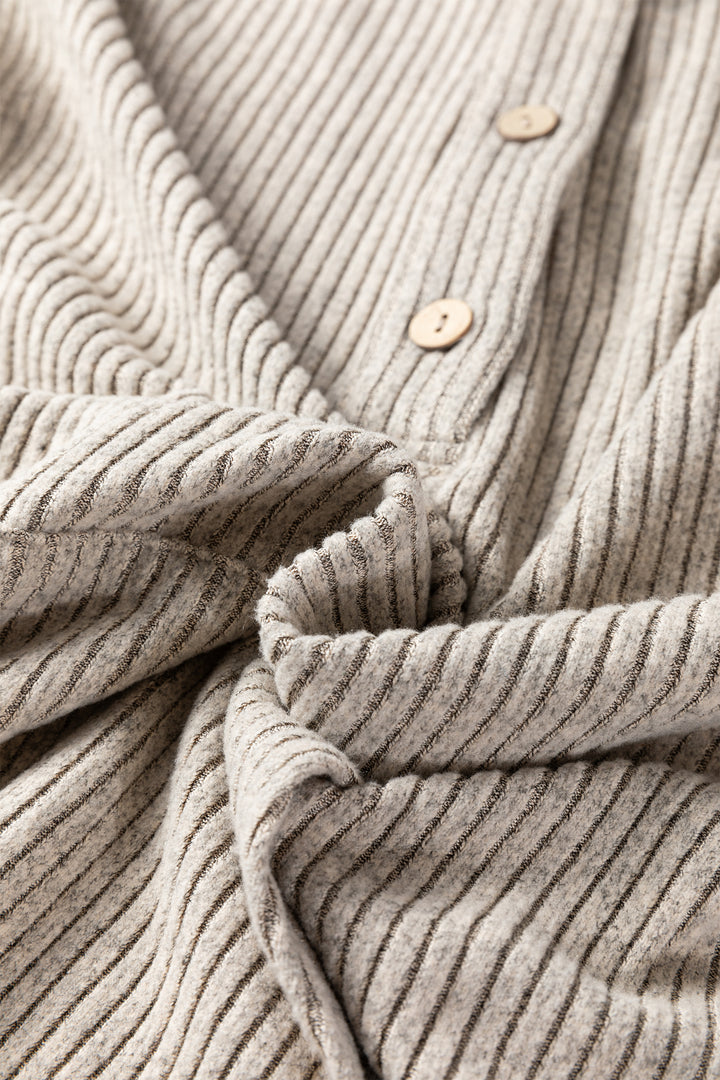 Simply Taupe Plus Size Ribbed Knit Kangaroo Pocket Henley Long Sleeve Top