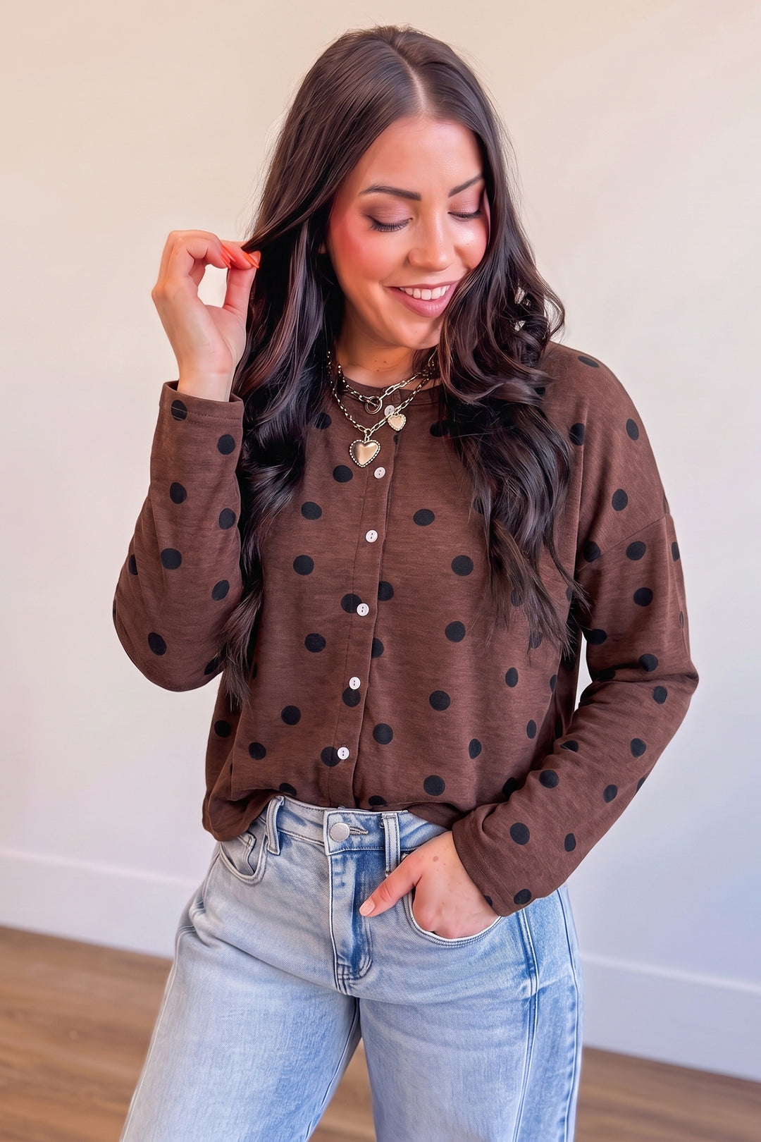 Brown Polka Dot Button Front Long Sleeve Casual Shirt