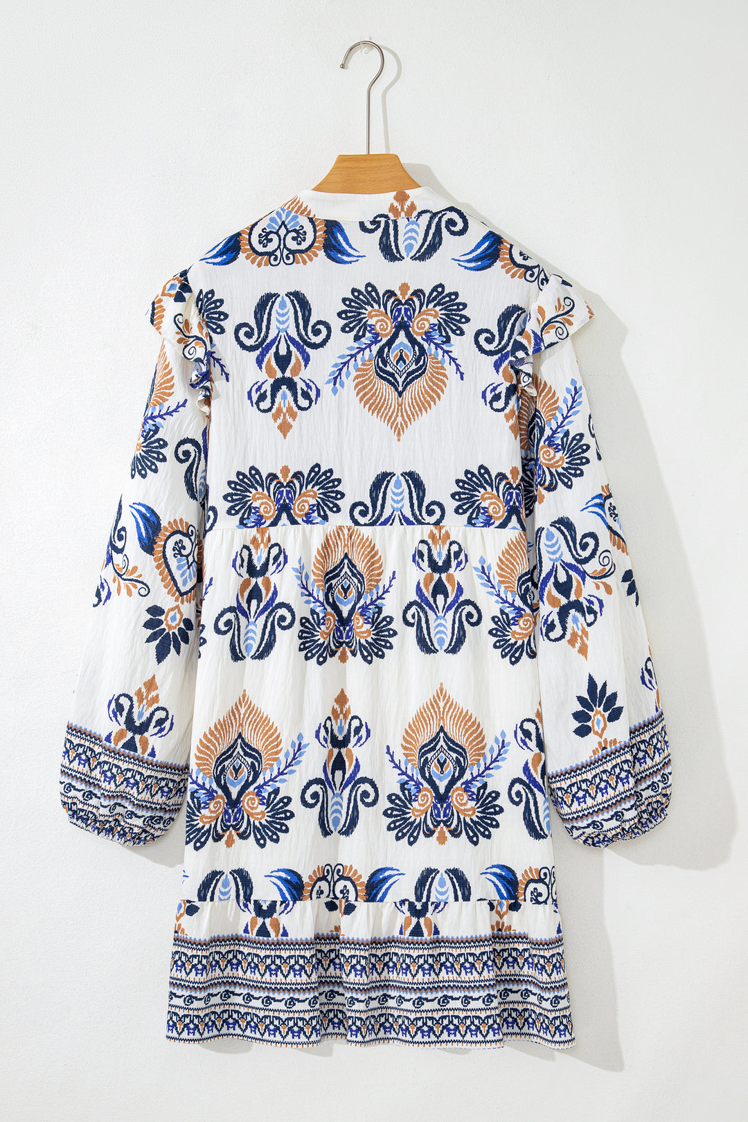 Sky Blue Plus Size Boho Print Split Neck Long Sleeve Mini Dress