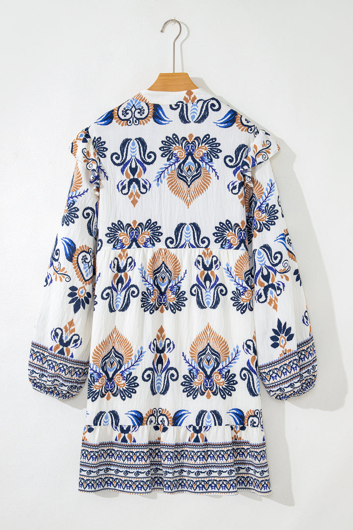 Sky Blue Plus Size Boho Print Split Neck Long Sleeve Mini Dress