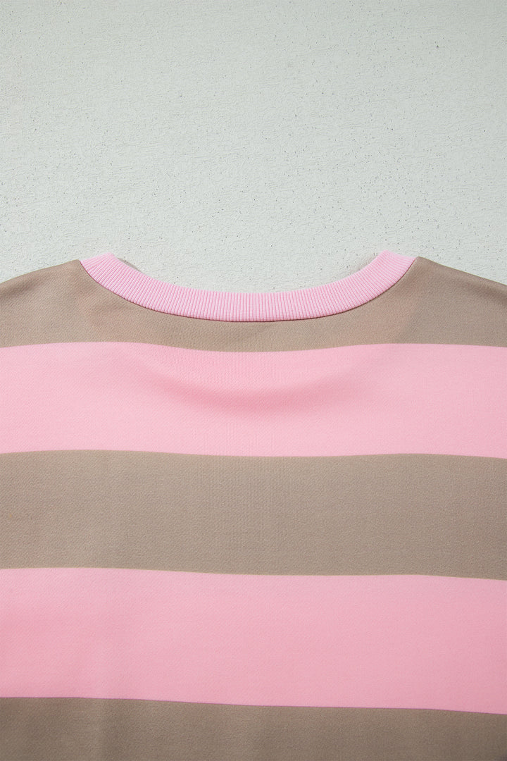 Pink Stripe Striped Colorblock Patch Pocket Split Hem Oversized Long Sleeve Sweatshirt