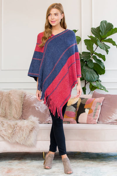 Hdf3007rdbl - Red Blue Two Tone Chain Print Fringe Poncho