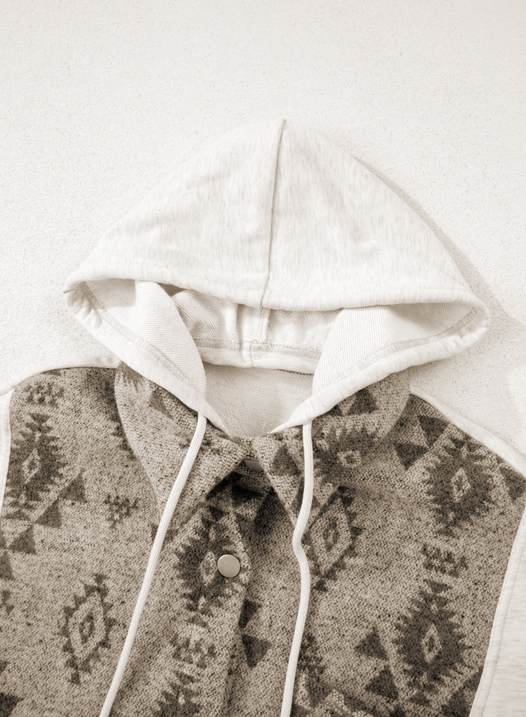 Gray Western Aztec Print Color Block Patchwork Drawstring Hooded Shacket