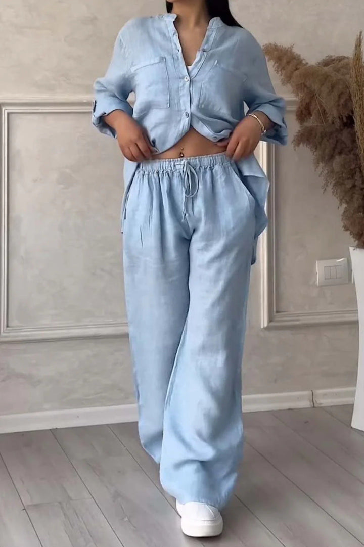 Wide-Leg Pants &amp; Lace-Up Top Two-Piece Set – Solid Color, 12 Colors S–5XL