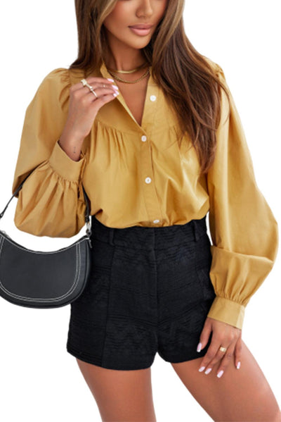 Yellow Puff Sleeve Pleated Loose Shirt