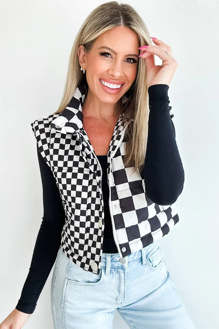 Black Double Checked Stand Collar Cropped Puffer Vest