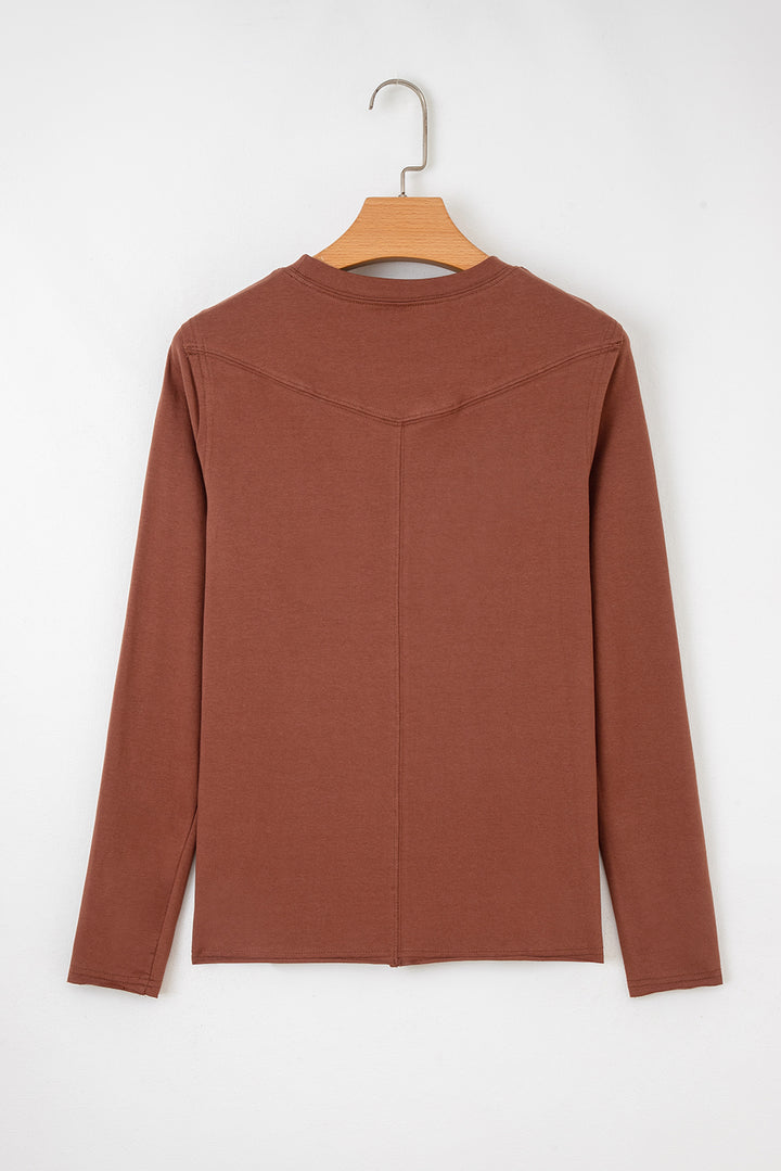 Chestnut Raw Seam Detail Solid Color Long Sleeve Top