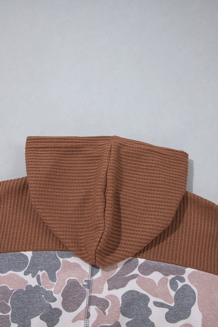 Khaki Camouflage Print Waffled Patchwork Loose Pullover Hoodie