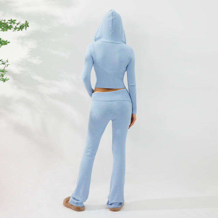 Women’s Knitted Hooded Two-Piece Set – Cardigan &amp; High-Waisted Pants Suit