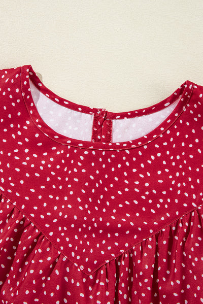 Fiery Red Dotted Ruffle Sleeve Crew Neck Ruched Blouse