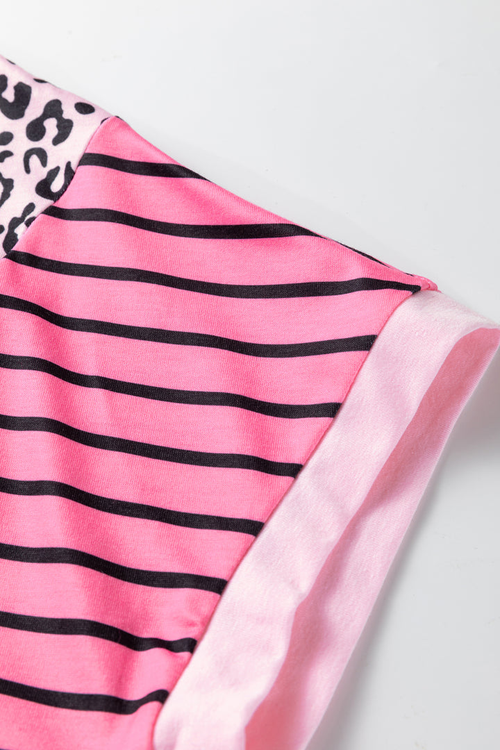 Pink Leopard Striped Patchwork Side Slit Loose Short Sleeve Top
