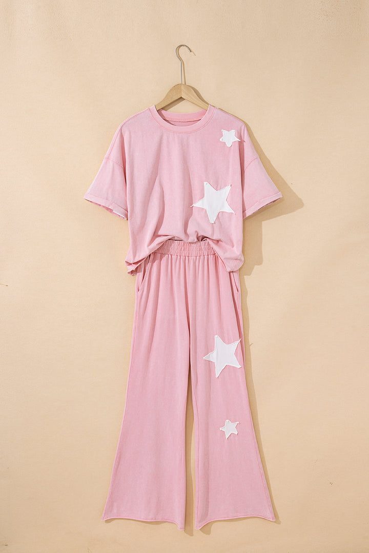 Arabella Acid Wash Star Patched Rolled Trim Pants Set