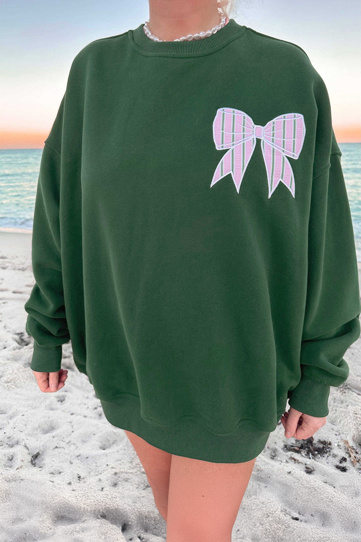 Blackish Green Striped Bow Graphic Oversized Sweatshirt