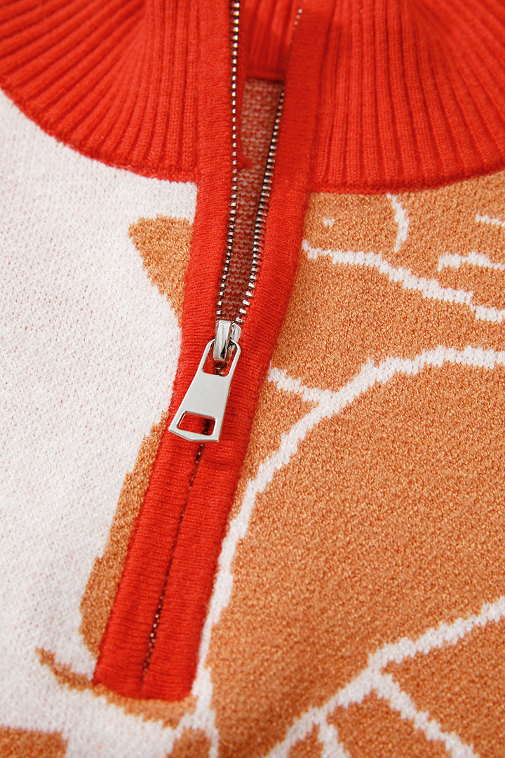 Khaki Floral Half Zip Collared Pullover Sweater