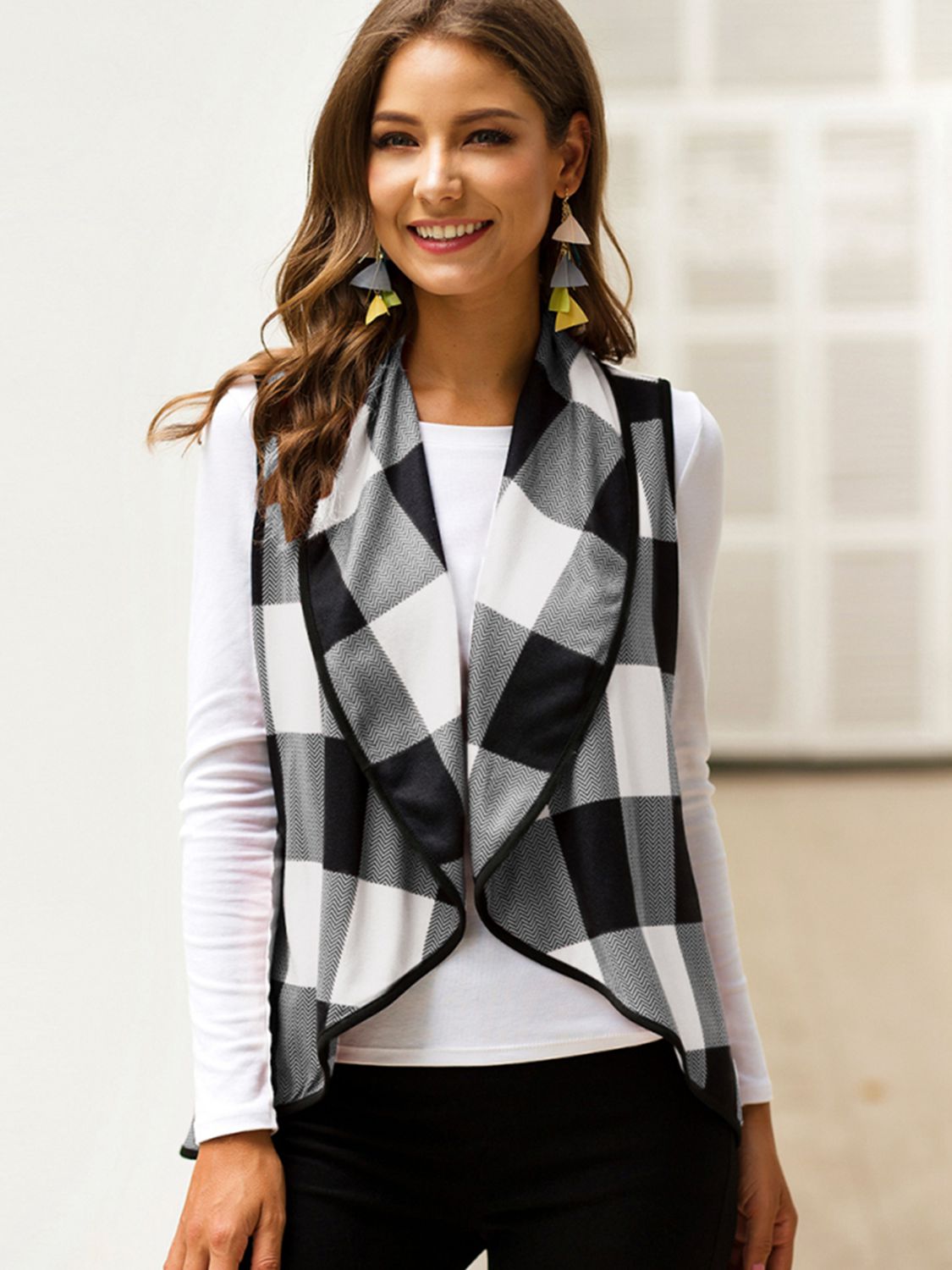 Shiny Plaid Open Front Sleeveless Cardigan