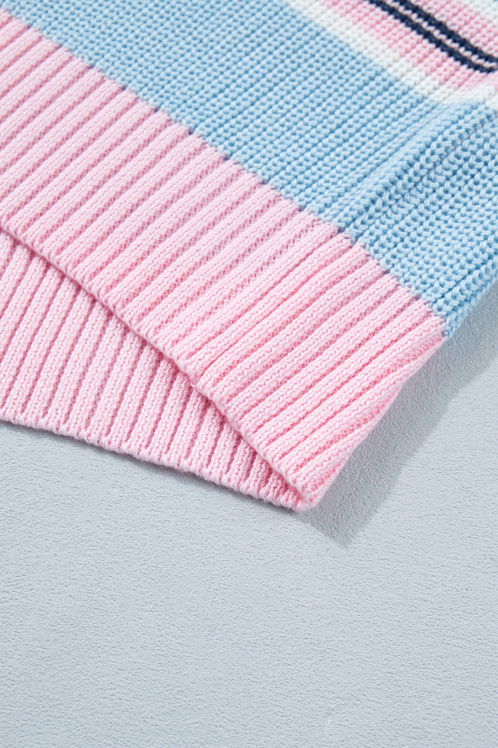 Sky Blue Stripe Striped Button Collar Long Sleeve Shift Fit Winter Knitwear Sweater