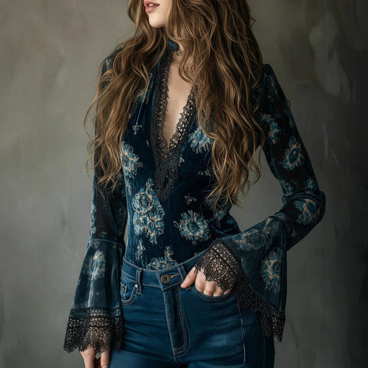 Women’s Retro Lace Panel V-Neck Blouse – Elegant Print Bell Sleeve Top for Spring &amp; Autumn Wear