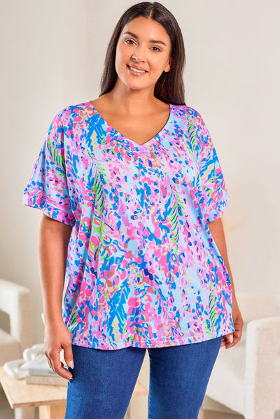 Sky Blue Plus Size Plant Print V Neck T-shirt