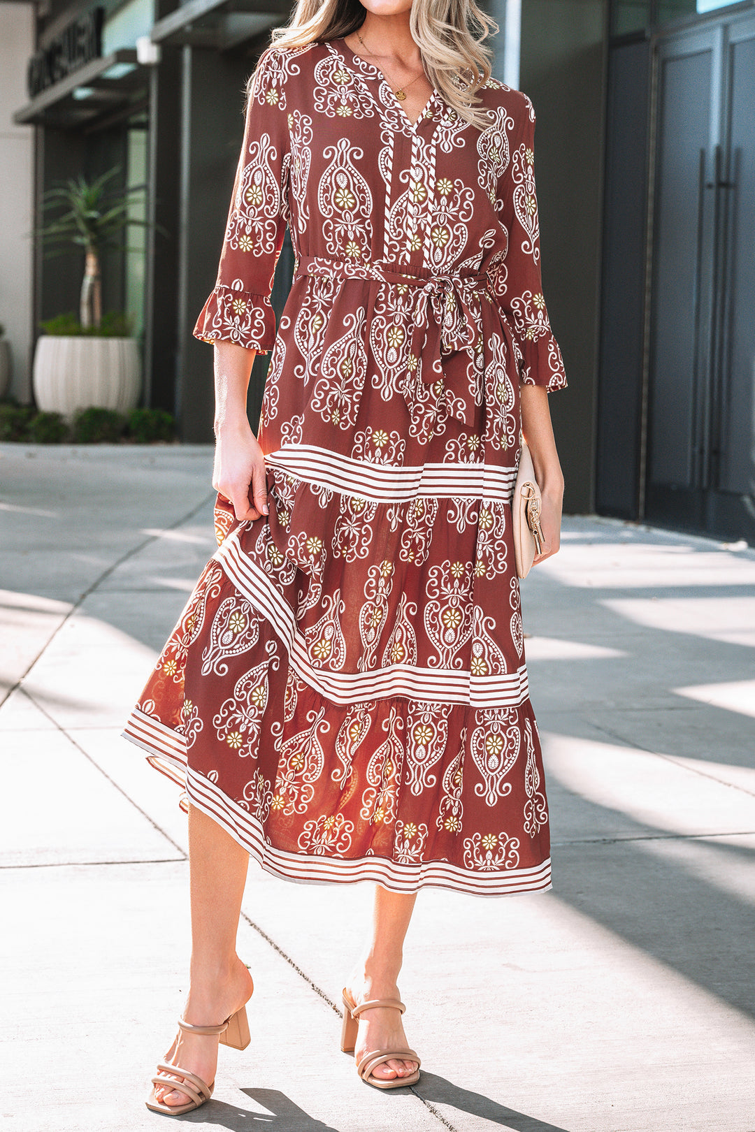Brown Floral Print Belted Striped Trim Tiered Maxi Dress
